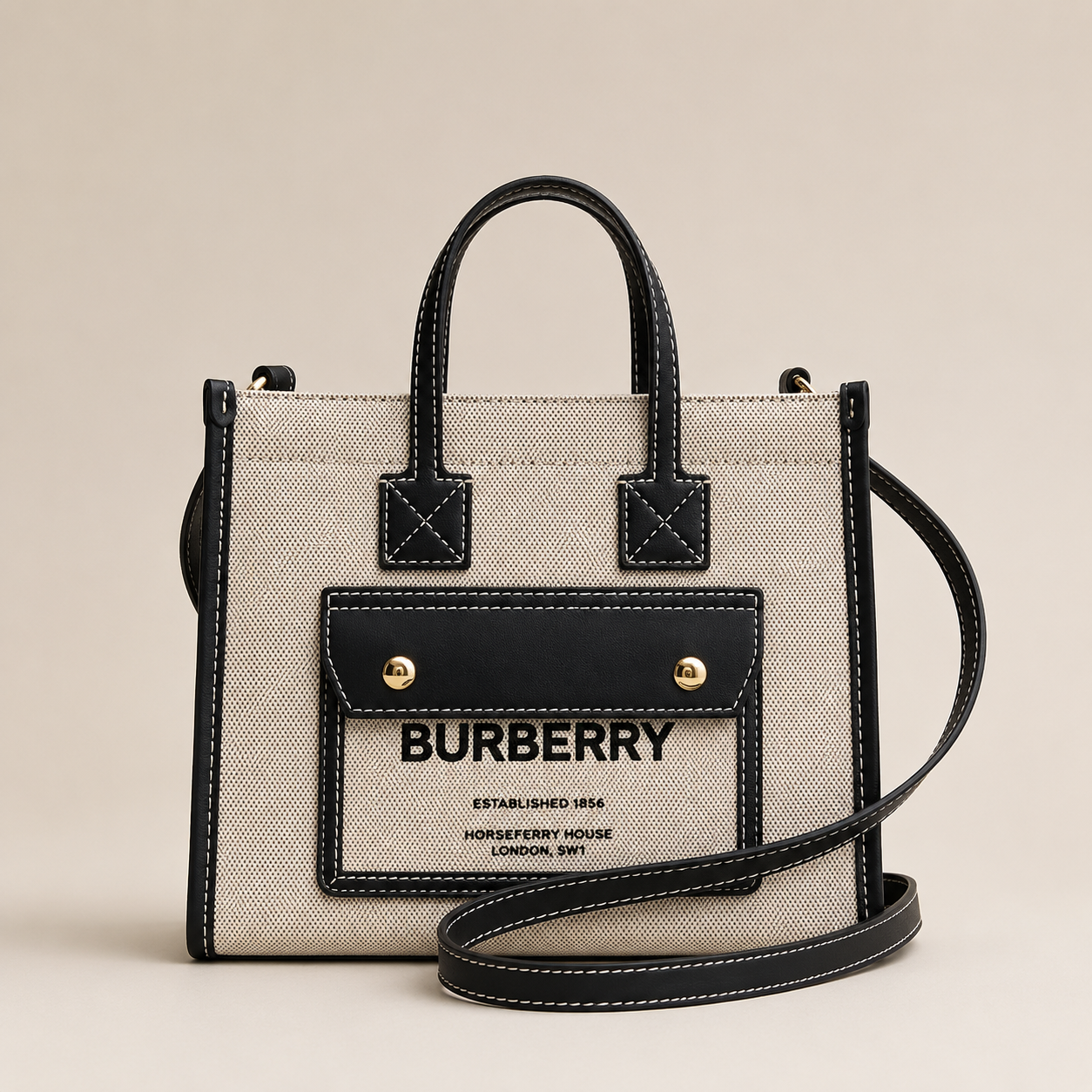Burberry Mini Freya Tote Bag Two-Tone Canvas & Leather Handbag