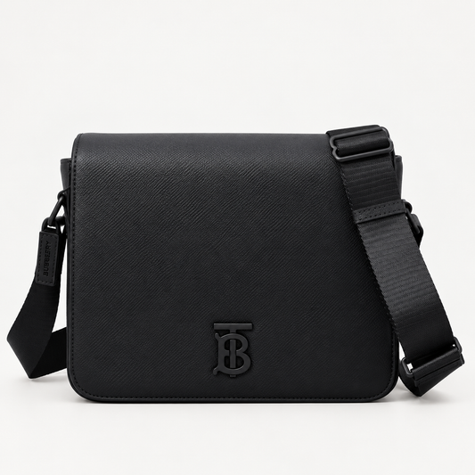 Burberry Alfred Black Leather Crossbody Bag with TB Monogram Plaque