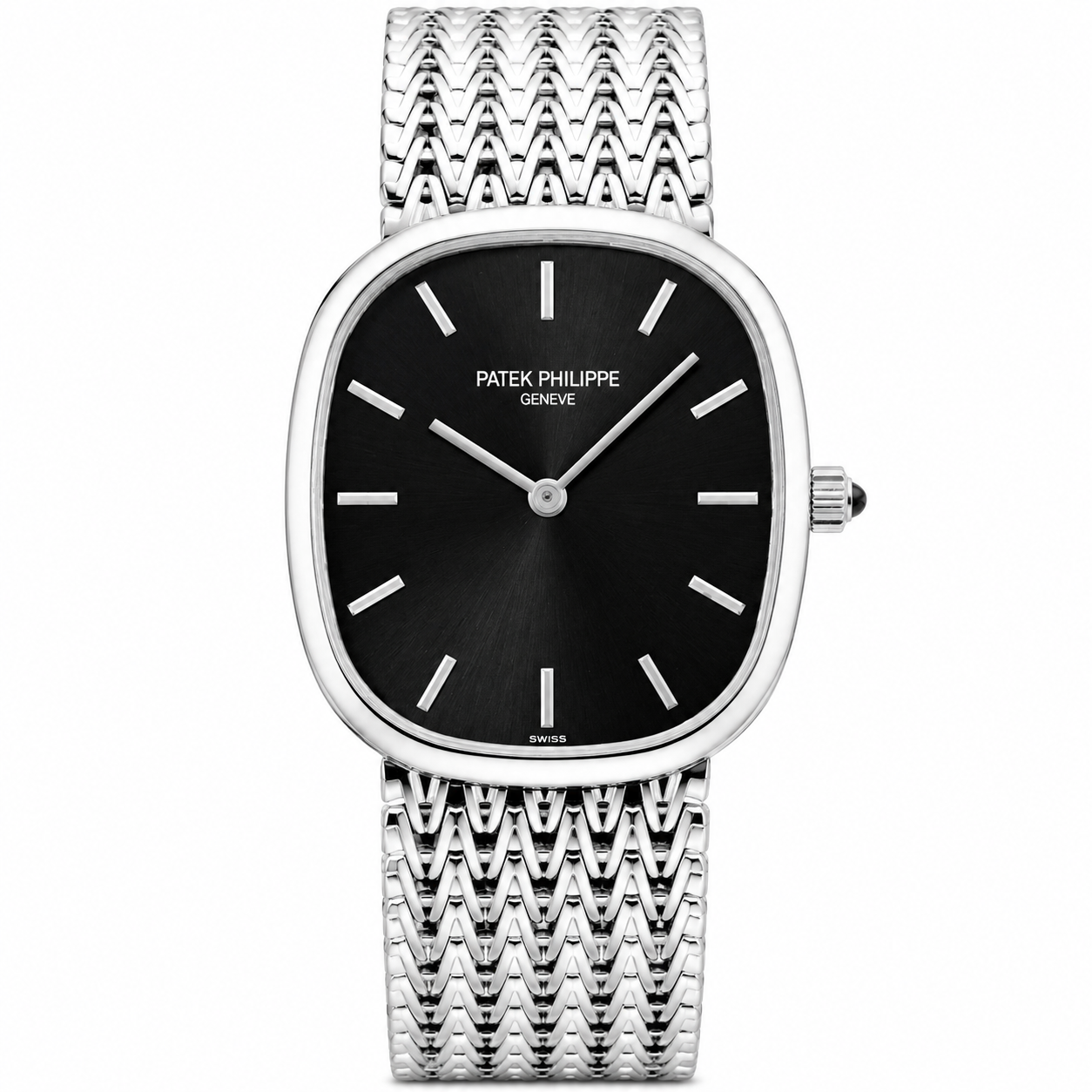 This Patek Philippe Golden Ellipse features a white gold case and a distinctive woven steel bracelet.