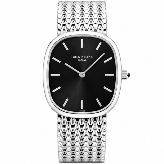 This Patek Philippe Golden Ellipse features a white gold case and a distinctive woven steel bracelet.