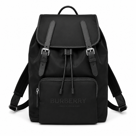 Burberry Logo Print Nylon Rucksack Black Backpack with Leather Straps