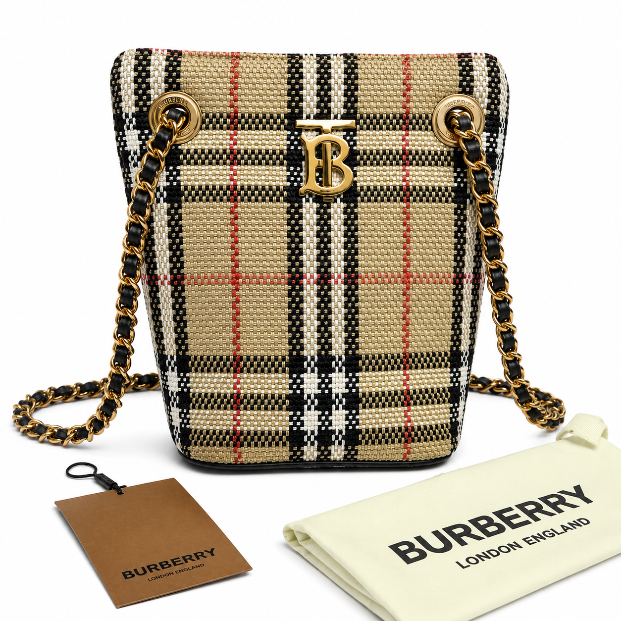 Burberry Mini Lola Bucket Bag in Archive Beige Vintage Check Bouclé