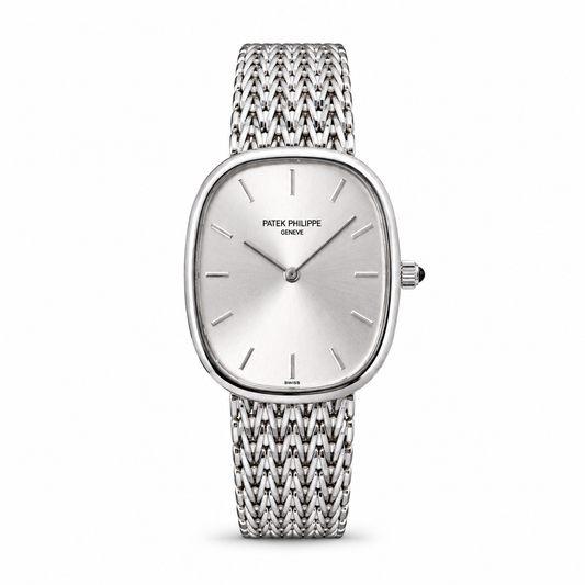Patek Philippe Golden Ellipse Silver Sunburst Dial White Gold Luxury Watch