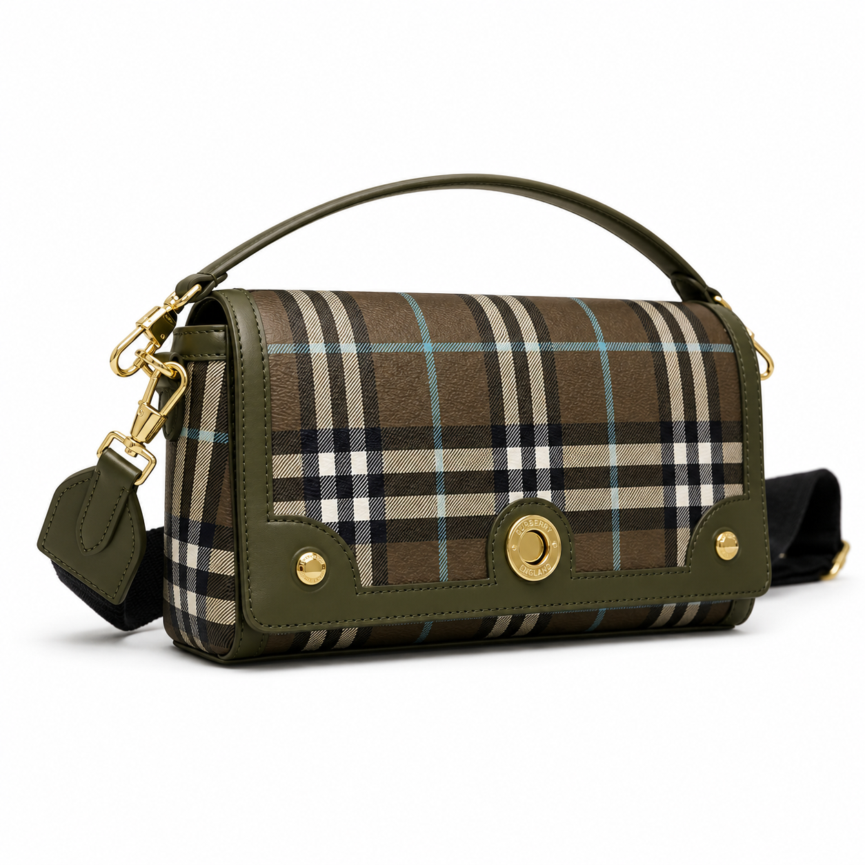 Burberry Women's Note Small Check Crossbody Bag in Olive Green Plaid