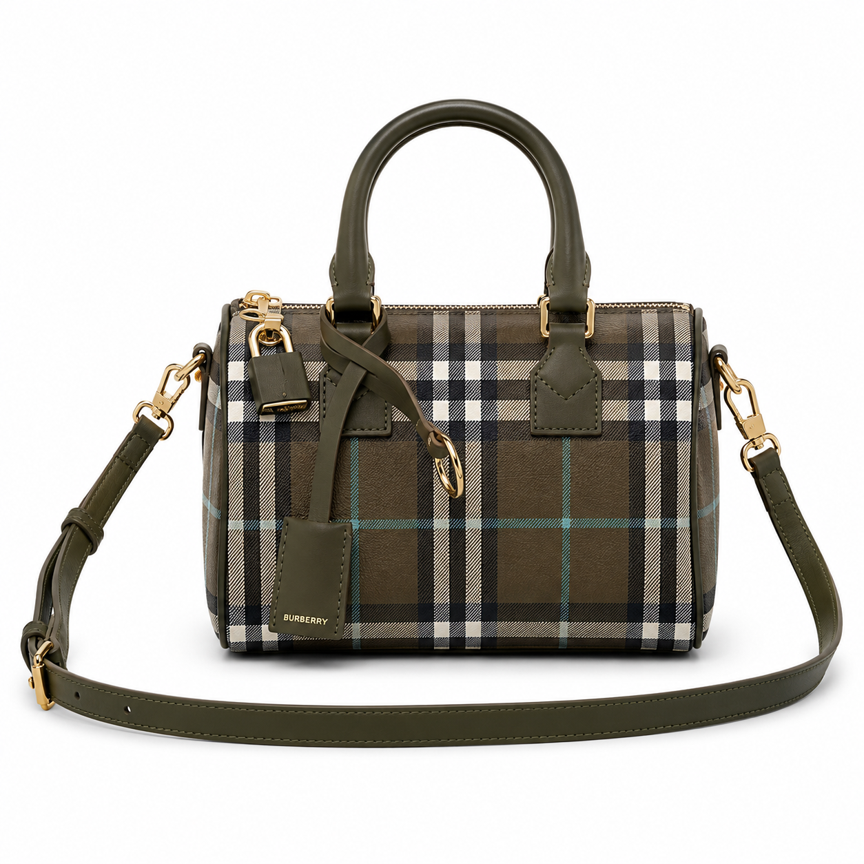 Burberry Bowling Bag in Olive Green Check Coated Cotton with Padlock Charm