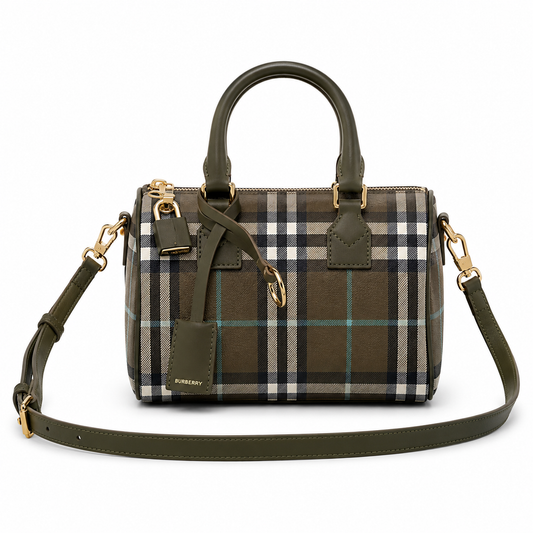 Burberry Bowling Bag in Olive Green Check Coated Cotton with Padlock Charm