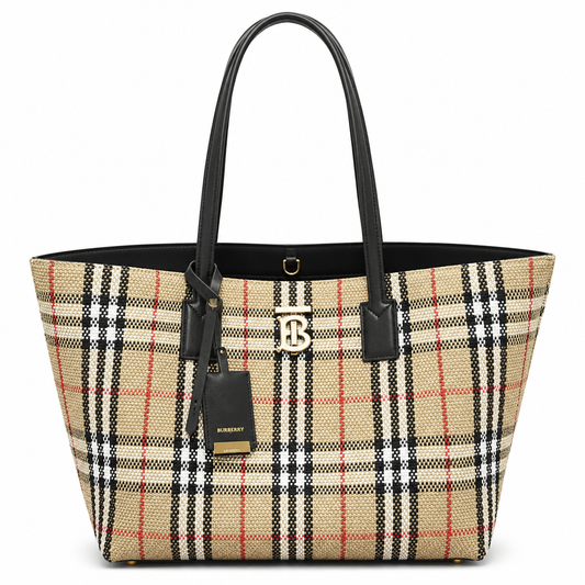 Burberry Highlands House Check Tote Bag in Beige Cotton-Linen Blend