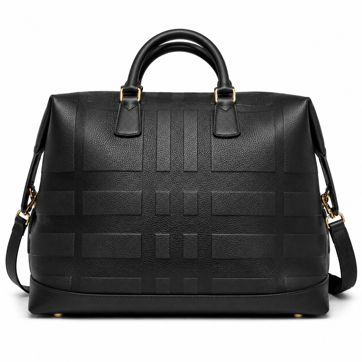 Burberry Black Leather Boston Bag with Check-Embossed Pattern