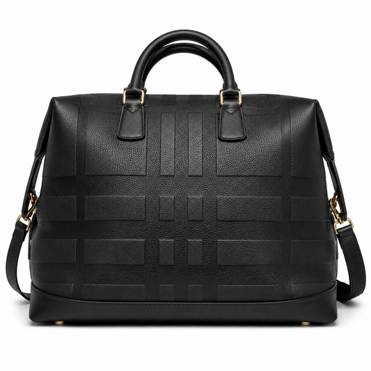 Burberry Black Leather Boston Bag with Check-Embossed Pattern