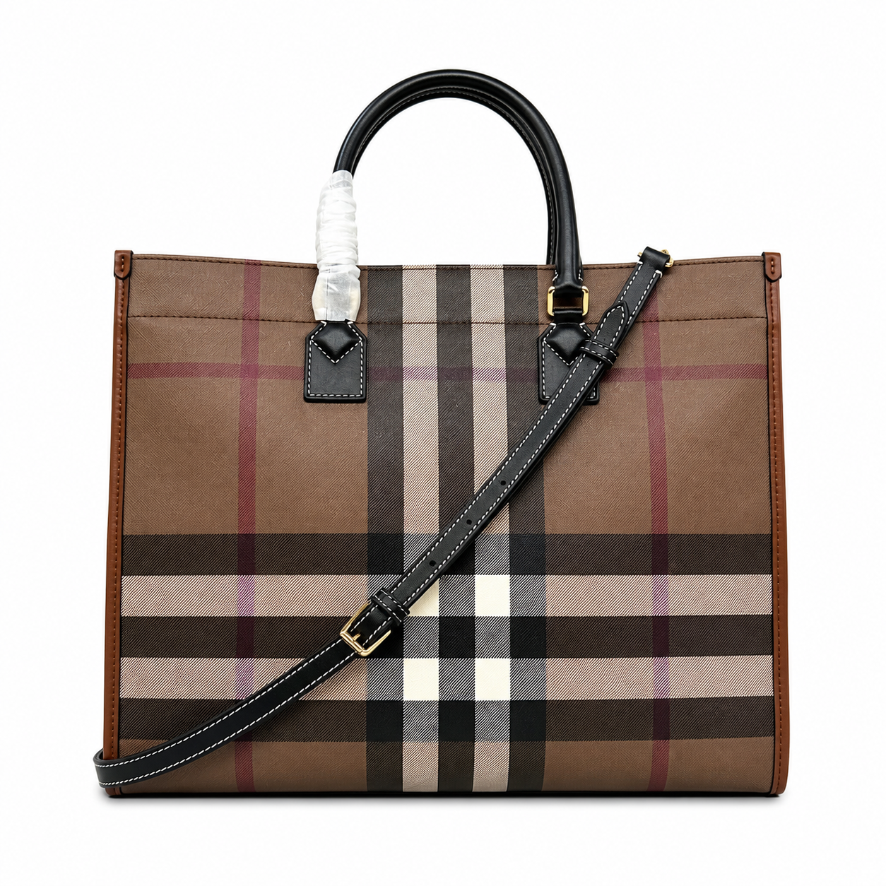 Burberry Medium Freya Tote Bag in Dark Birch Brown Check with Black Leather Trim