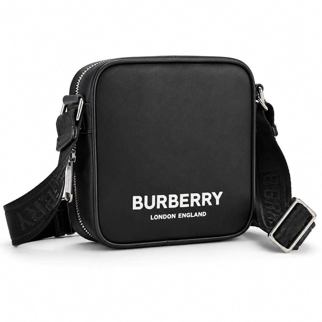 Burberry Logo Print Nylon Square Paddy Bag in Black with White Logo