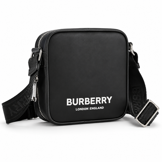 Burberry Logo Print Nylon Square Paddy Bag in Black with White Logo