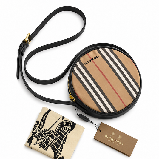 Burberry Louise Icon Stripe E-Canvas Round Crossbody Bag with Black Leather Trim