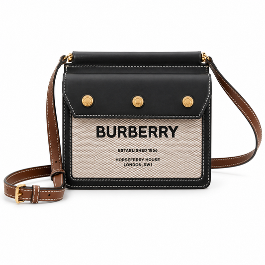 Burberry Mini Title Bag in Horseferry Print Canvas & Malt Brown Leather
