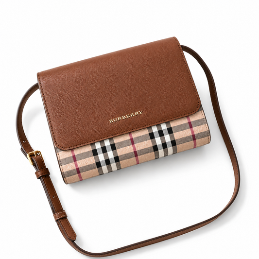 Burberry Haymarket Check Coated Canvas Loxley Small Crossbody Bag in Bright Toffee