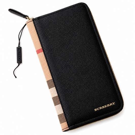 Burberry Logo Leather Continental Wallet in Black Calfskin with Check Side Panel