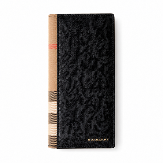 Burberry Long Grainy Leather Wallet with House Check Side Panel
