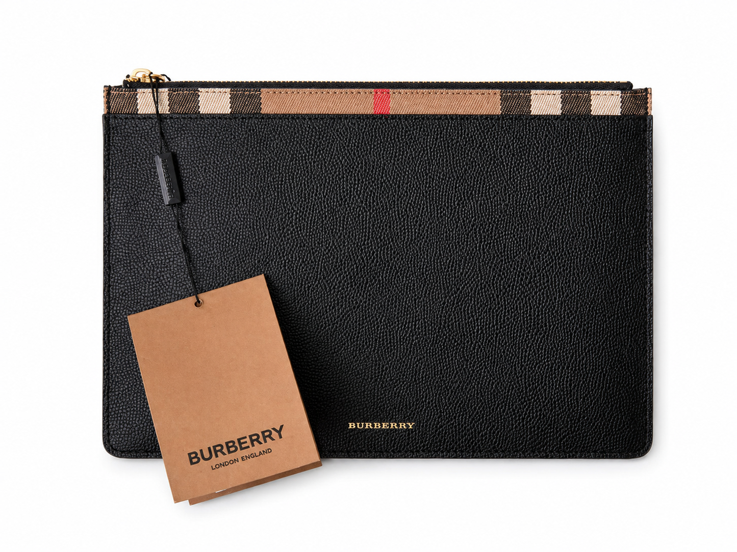 Burberry Black Leather Clutch Bag with Vintage Check Trim