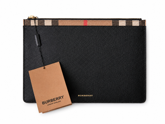 Burberry Black Leather Clutch Bag with Vintage Check Trim