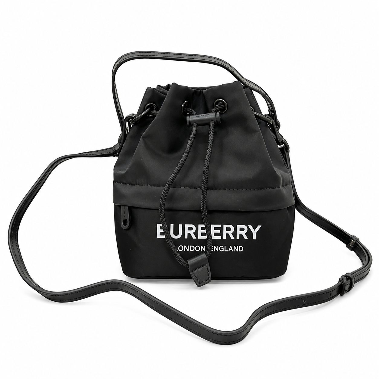 Burberry Phoebe Bucket Bag in Black Technical Nylon with White Logo Print