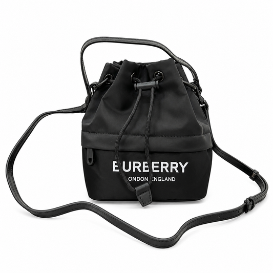 Burberry Phoebe Bucket Bag in Black Technical Nylon with White Logo Print