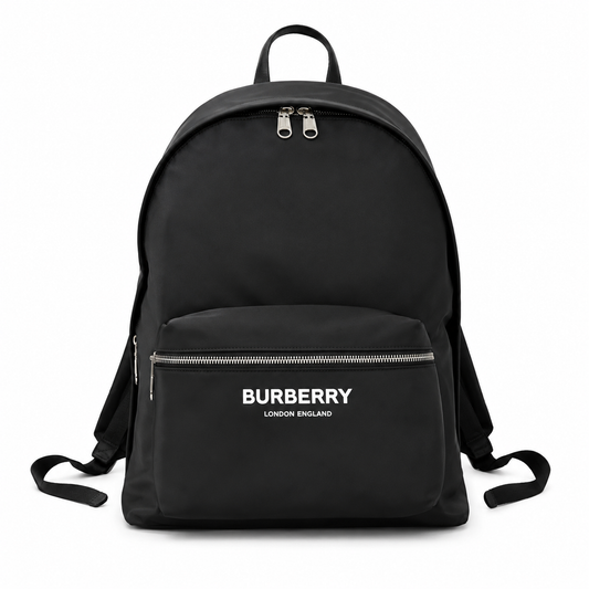 Burberry Black Nylon Backpack with Raised Logo and Leather Trim