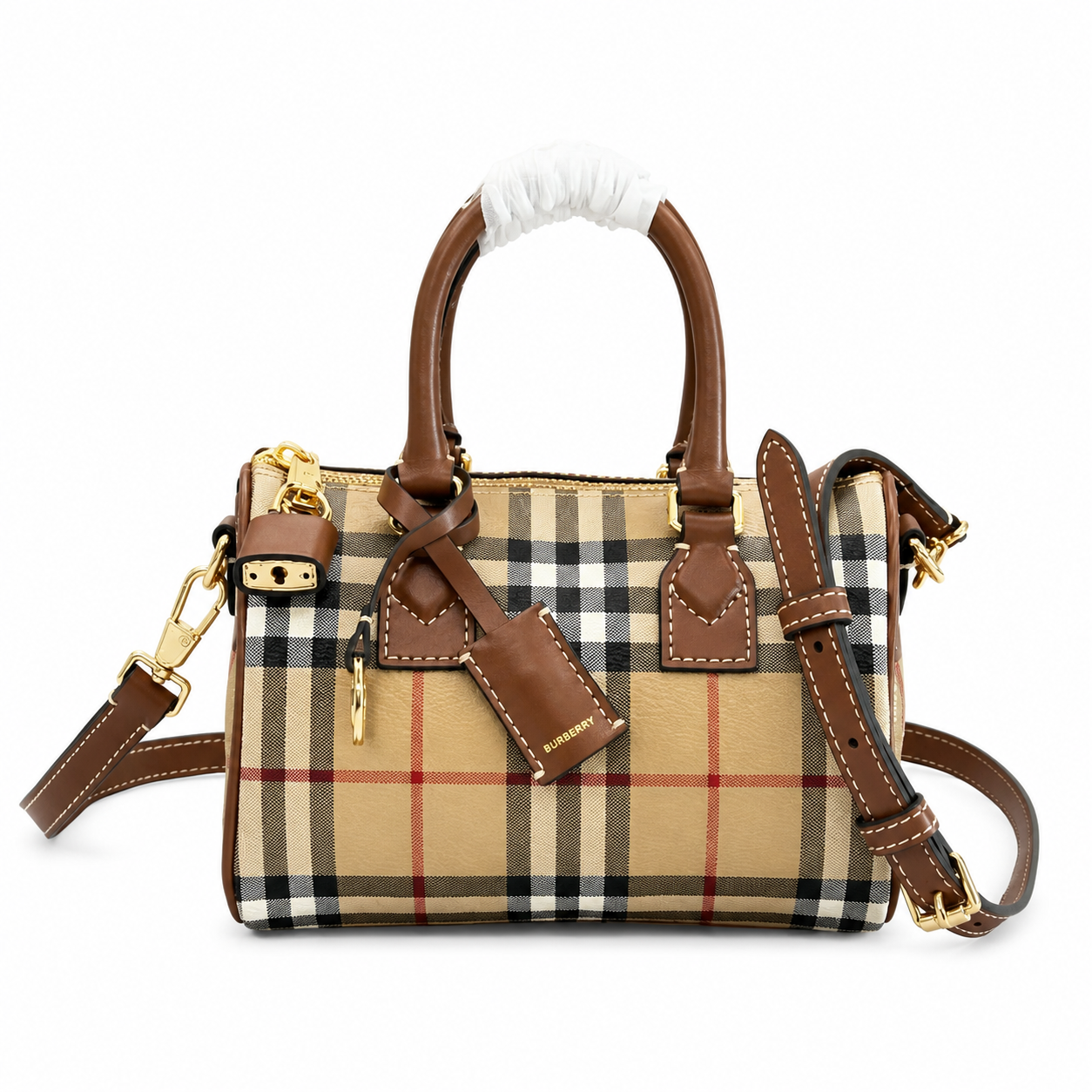 Burberry Mini Check Bowling Bag in Archive Beige & Briar Brown with Leather Trim