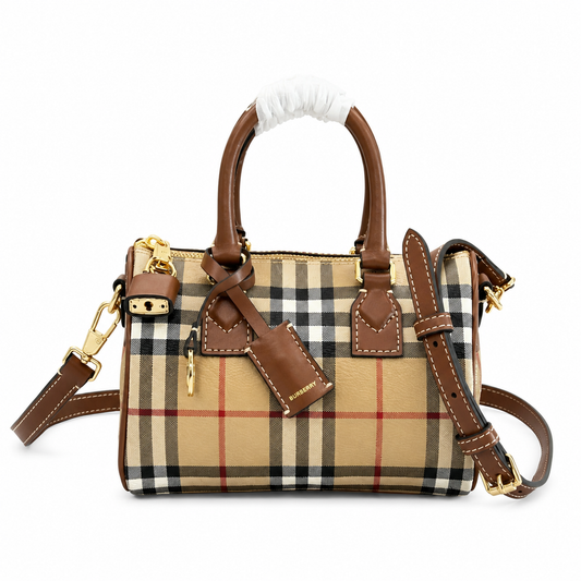 Burberry Mini Check Bowling Bag in Archive Beige & Briar Brown with Leather Trim
