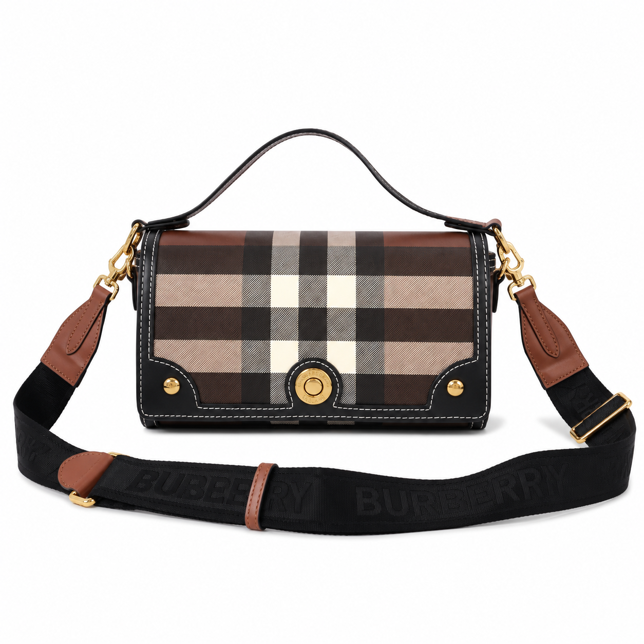 Burberry Note Bag with Iconic Check Pattern and Smooth Leather Trim