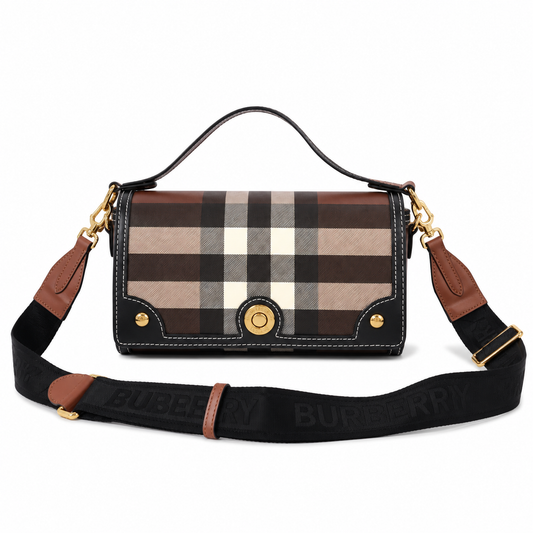 Burberry Note Bag with Iconic Check Pattern and Smooth Leather Trim