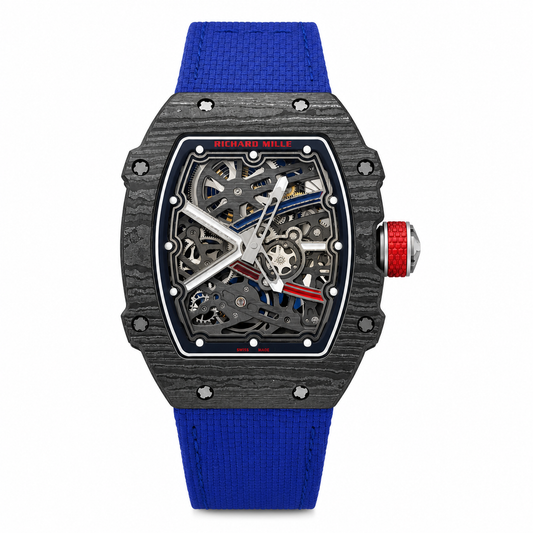 This Richard Mille RM 67-02 Sebastien Ogier watch features a lightweight Carbon TPT case and a vibrant blue elastic strap.