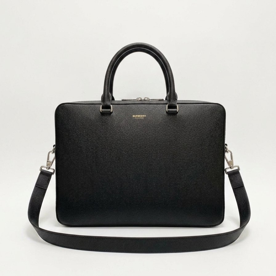 Burberry Black Grained Leather Briefcase with Silver Logo Plaque