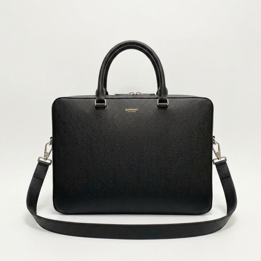 Burberry Black Grained Leather Briefcase with Silver Logo Plaque