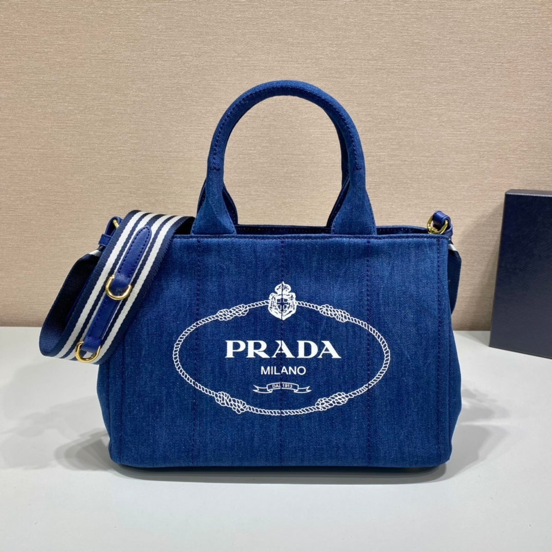 Prada Canapa Tote Bag – Blue Denim/Canvas with White Logo Print & Detachable Shoulder Strap
