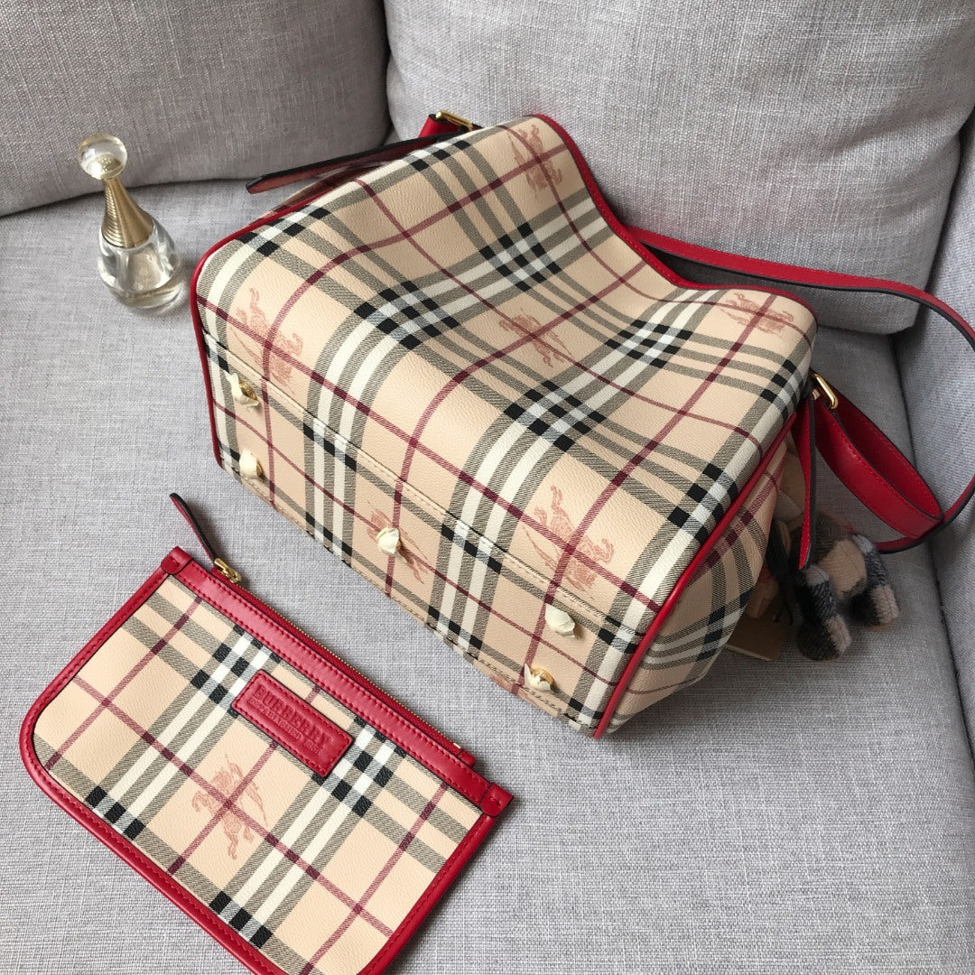 Burberry Canterbury Tote Haymarket Check Canvas & Red Leather Bag