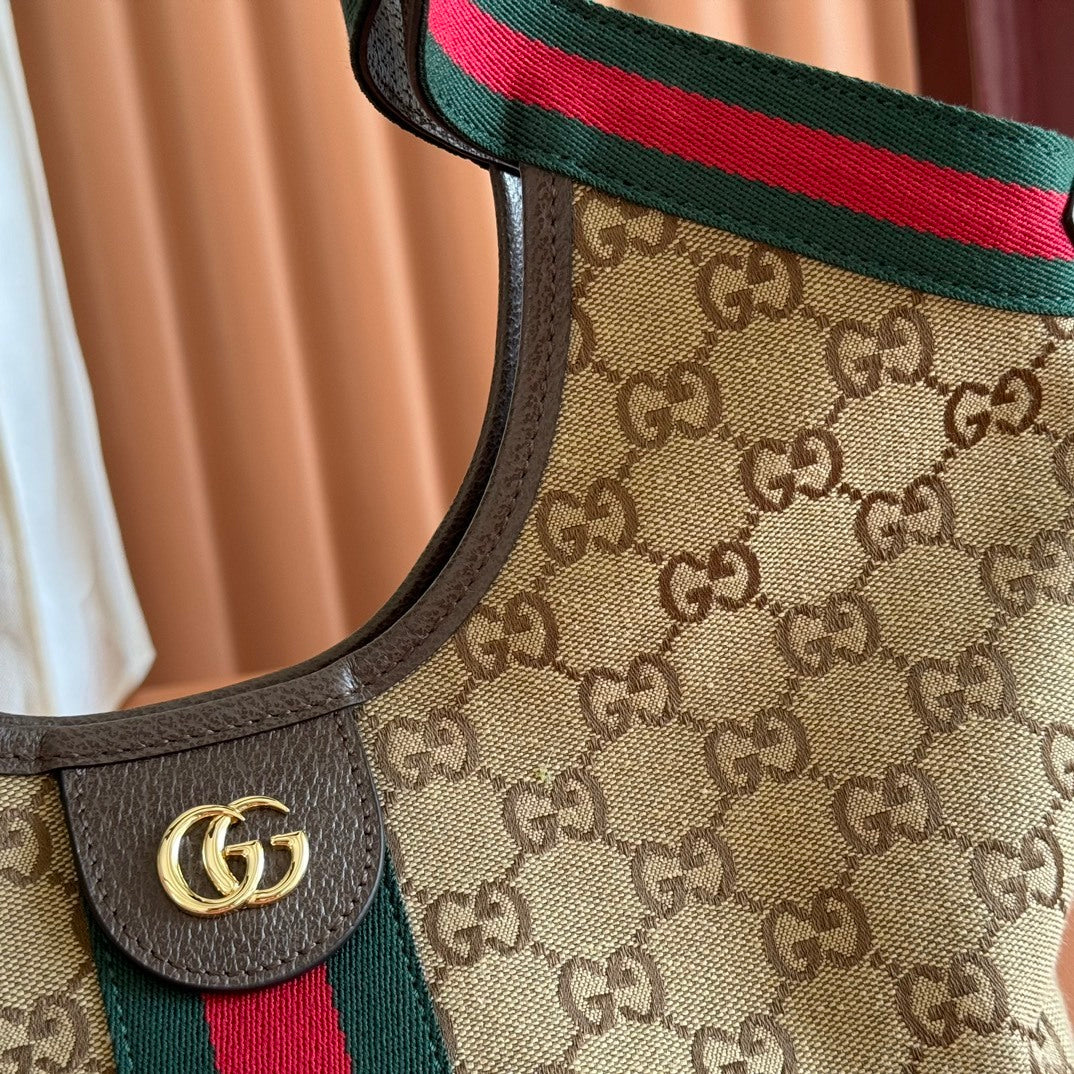 Gucci Giglio Small Tote Bag in Beige and Dark Brown GG Canvas with Web Trim