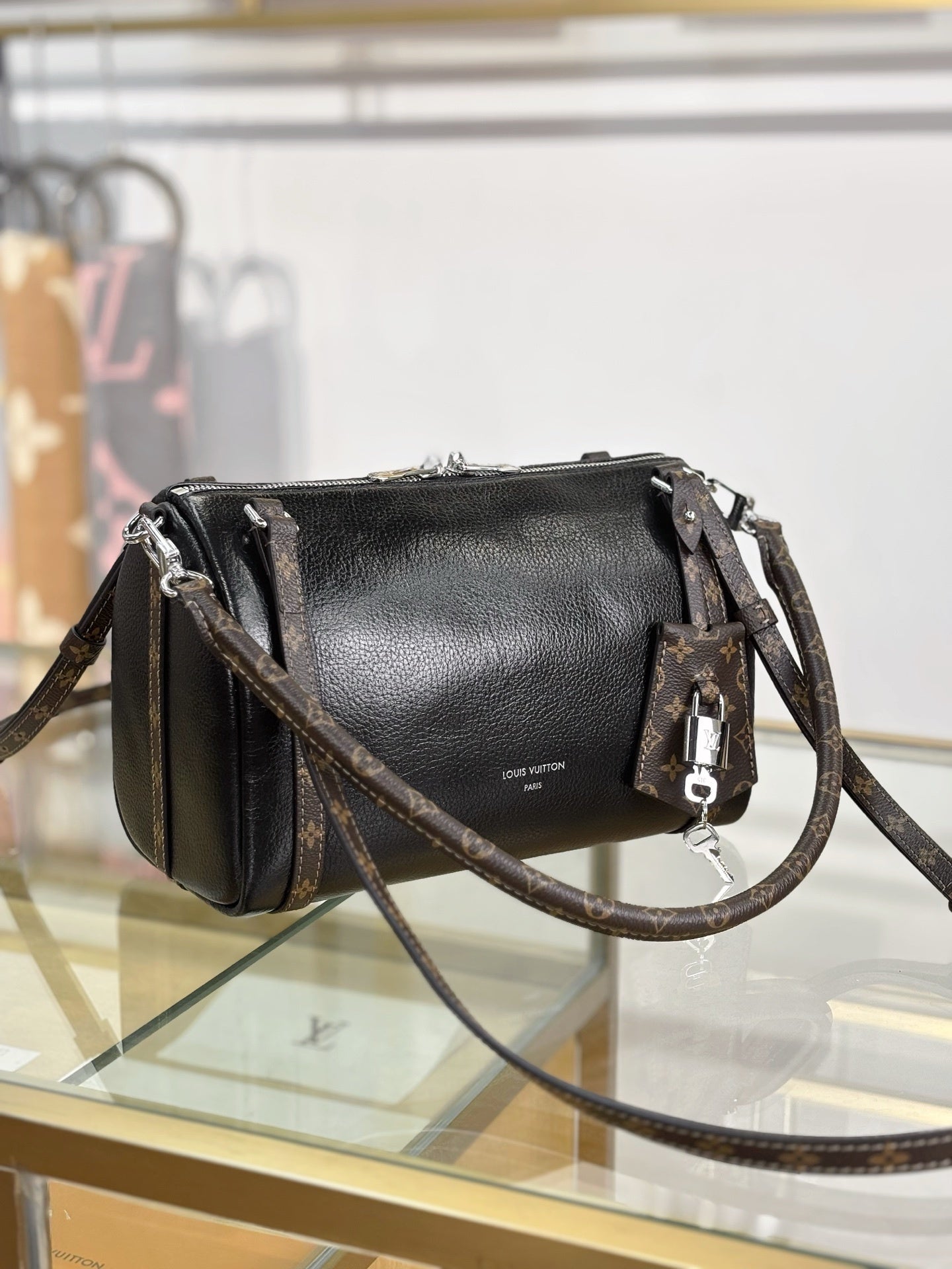 Louis Vuitton Express PM Handbag in Black Calfskin with Monogram Canvas Trim