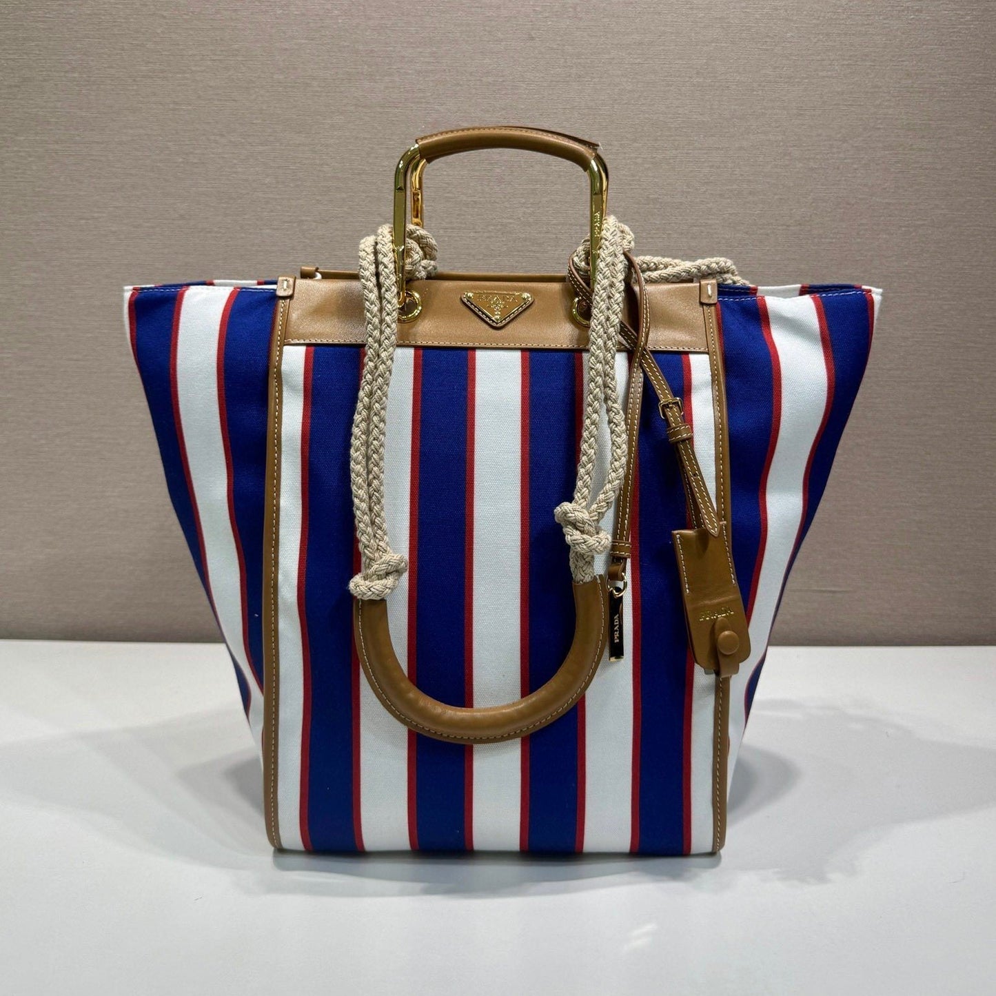 Prada Large Printed Canvas and Leather Tote Bag with Stripe Motif