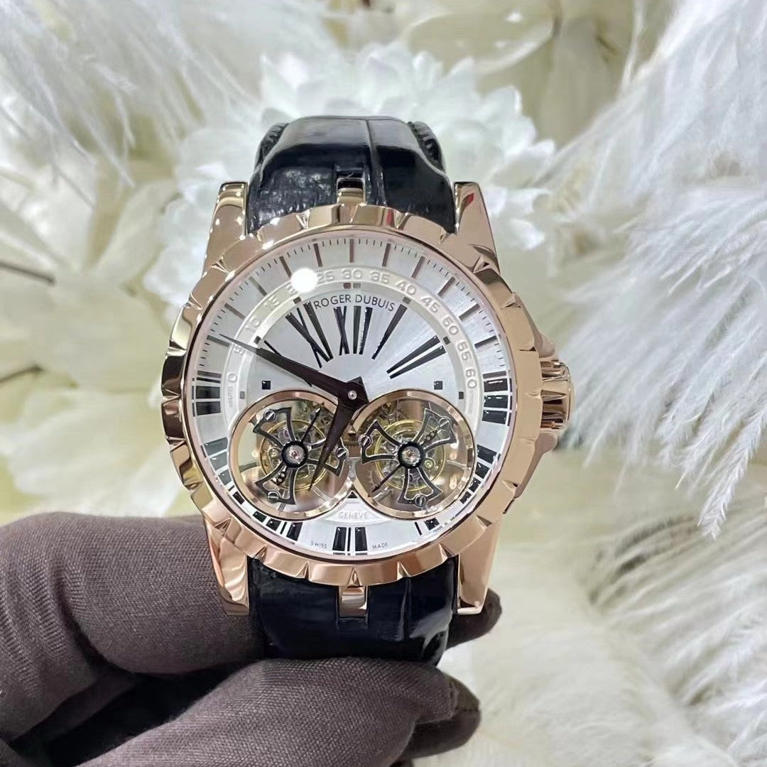 Roger Dubuis Excalibur Double Flying Tourbillon – 18k Rose Gold, Silver Dial, Black Leather Strap