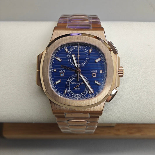 Patek Philippe Nautilus Travel Time Chronograph 5990/1R-001 in Rose Gold with Blue Sunburst Dial