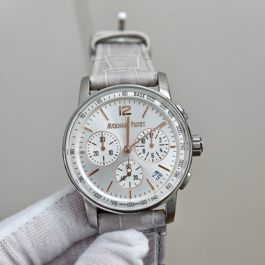 Audemars Piguet Code 11.59 Chronograph White Gold with Silver Dial & Grey Alligator Strap