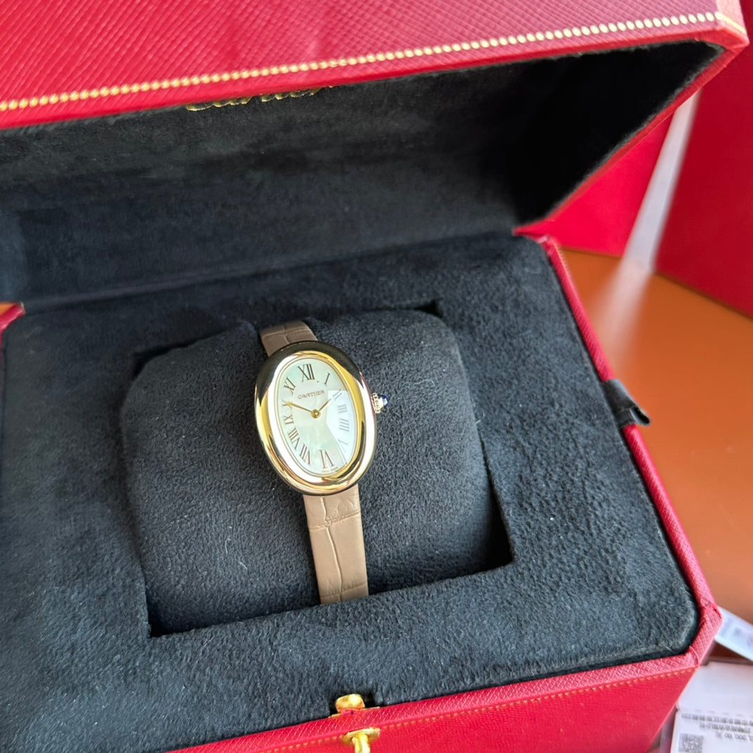 Cartier Baignoire Mini Quartz – 18K Yellow Gold, Silvered Dial, Calfskin Leather Strap