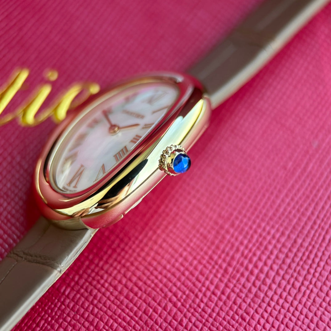 Cartier Baignoire Mini Quartz – 18K Yellow Gold, Silvered Dial, Calfskin Leather Strap