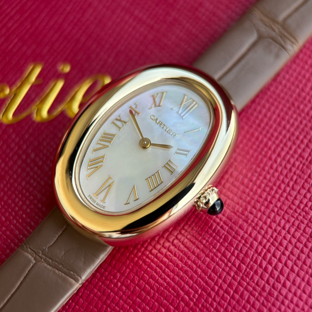 Cartier Baignoire Mini Quartz – 18K Yellow Gold, Silvered Dial, Calfskin Leather Strap