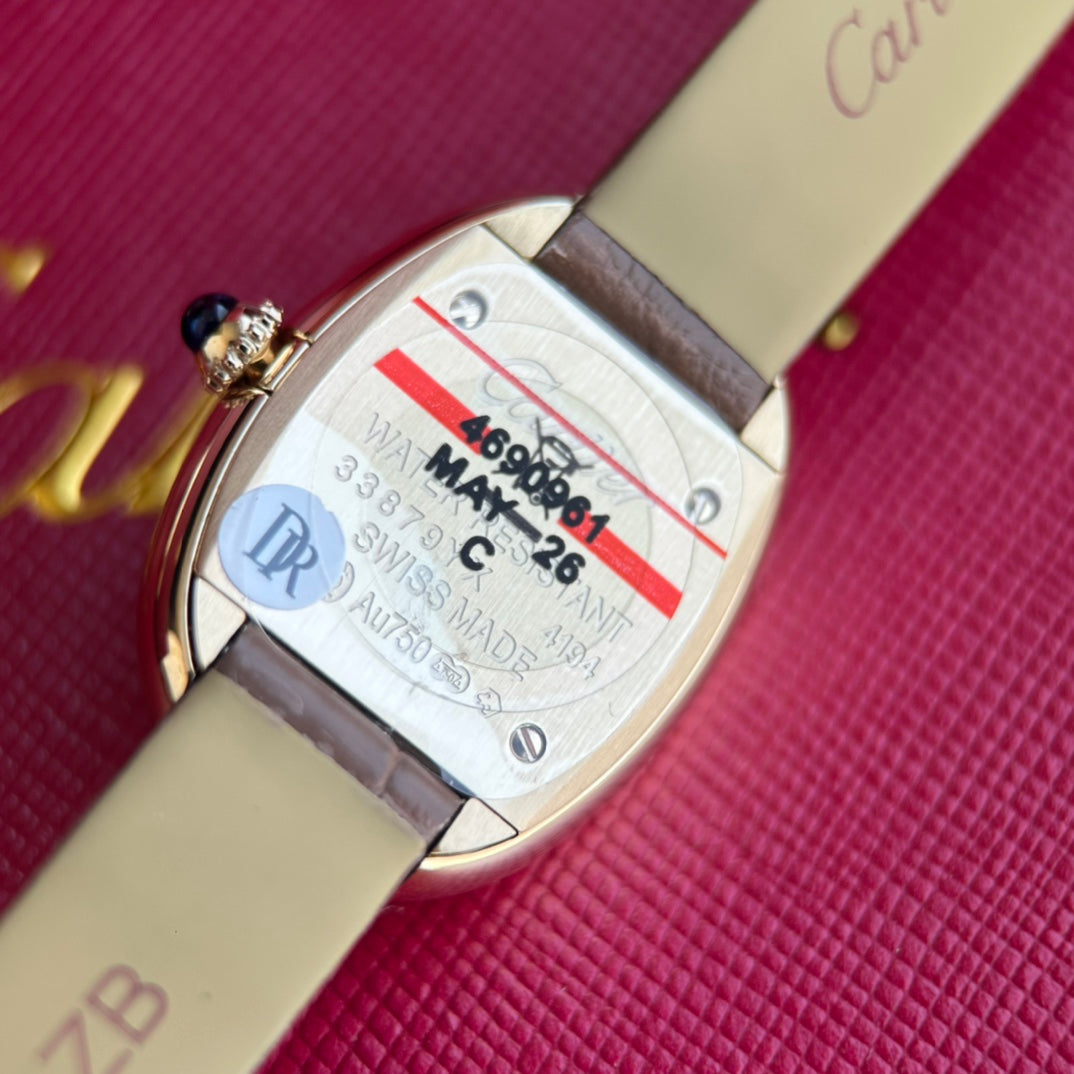 Cartier Baignoire Mini Quartz – 18K Yellow Gold, Silvered Dial, Calfskin Leather Strap