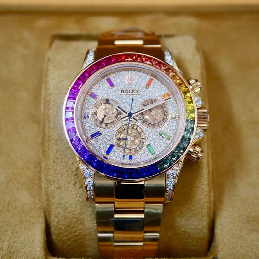 Rolex Cosmograph Daytona 116595RBOW 18K Everose Gold, Rainbow Sapphire Bezel, Diamond-Set Case & Pavé Dial