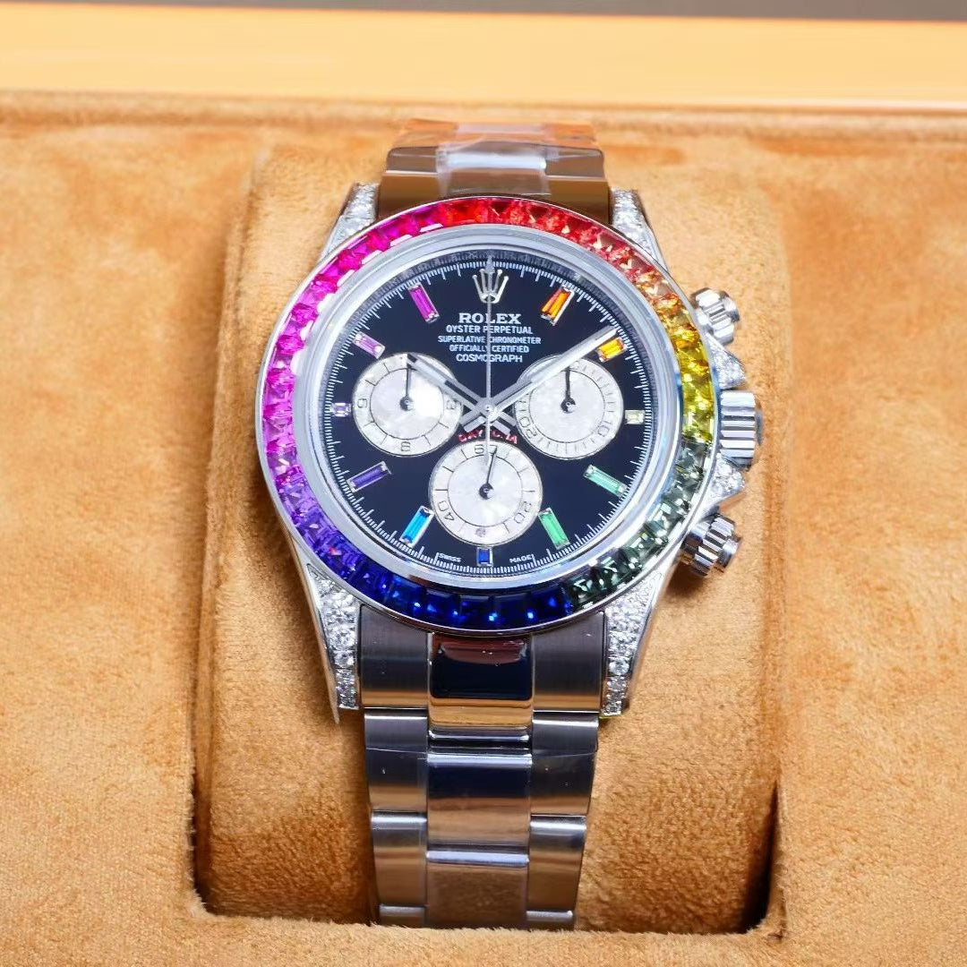 Rolex Oyster Perpetual Cosmograph Daytona White Gold, Diamond-Paved Dial, Rainbow Baguette Sapphire Bezel