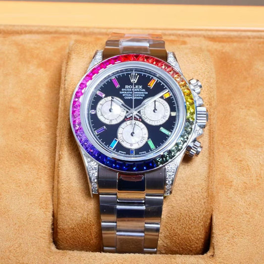 Rolex Oyster Perpetual Cosmograph Daytona White Gold, Diamond-Paved Dial, Rainbow Baguette Sapphire Bezel