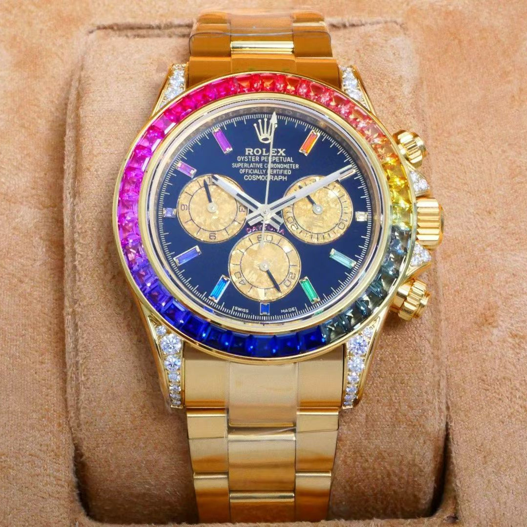 Rolex Daytona Rainbow – Yellow Gold, Diamond-Paved Dial, Colored Sapphire Bezel