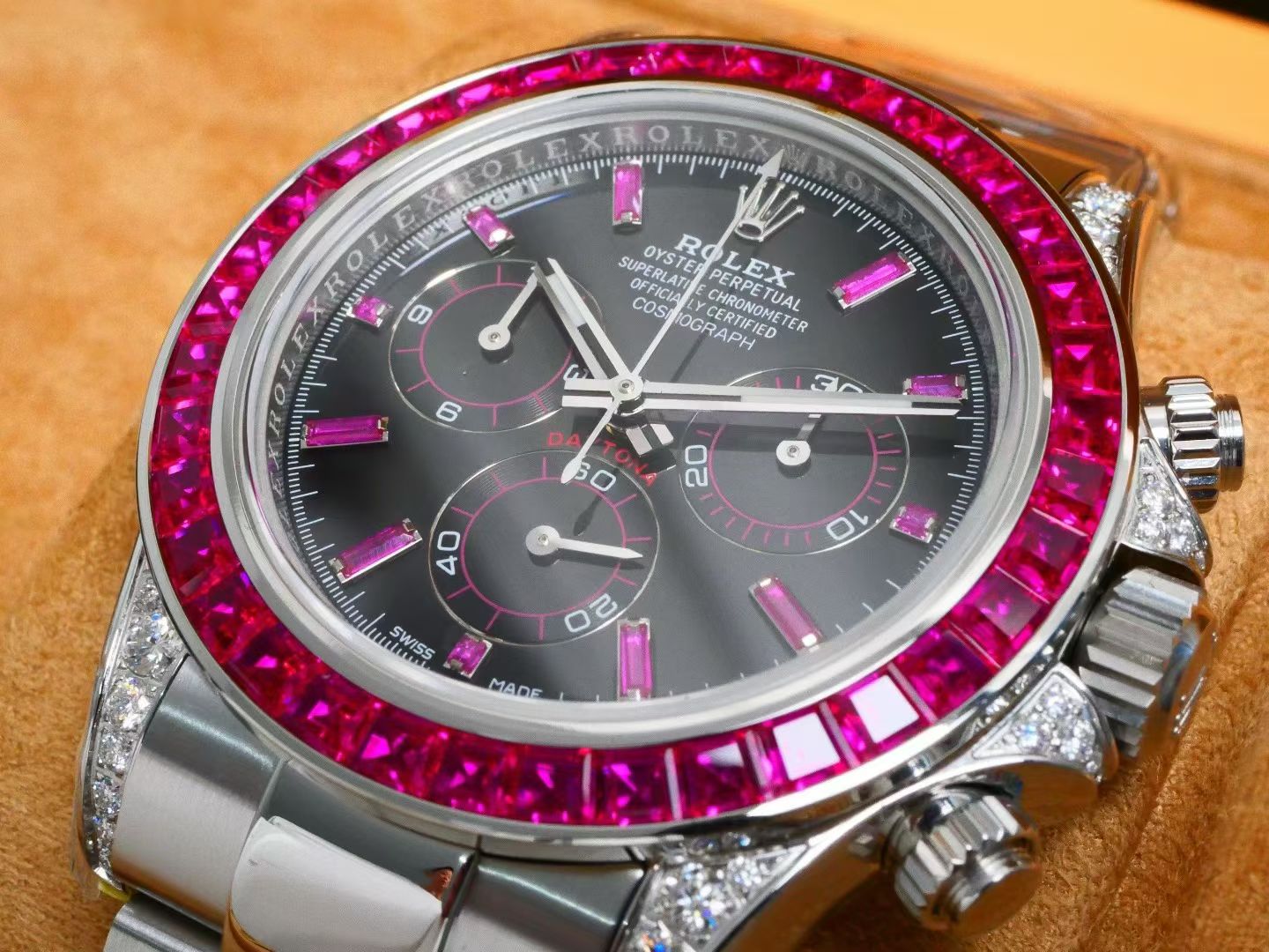 Rolex Cosmograph Daytona – 18K White Gold, Black Dial, Ruby Bezel & Diamond Lugs